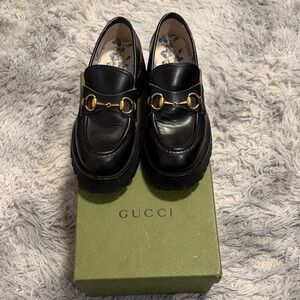 Gucci Black Leather Horsebit Lug Sole Slip-On Loafers
